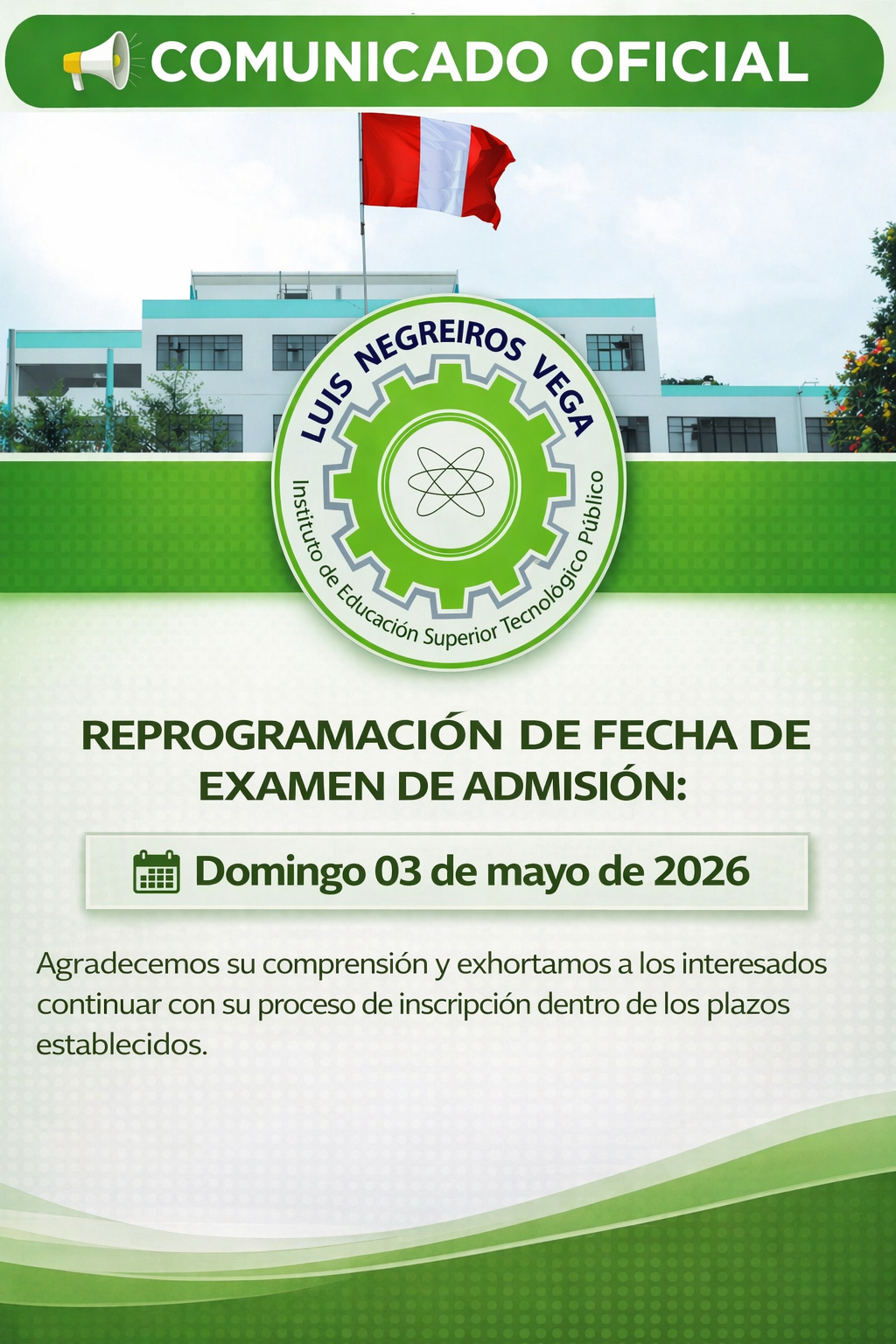 Reprogramación del examen de admisión 2026